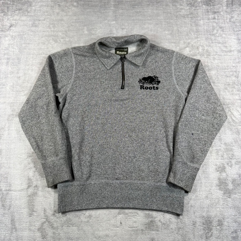 Roots Canada Sweatshirt Mens XS Grey Salt Pepper Quarter Zip Beaver Logo Comfort
